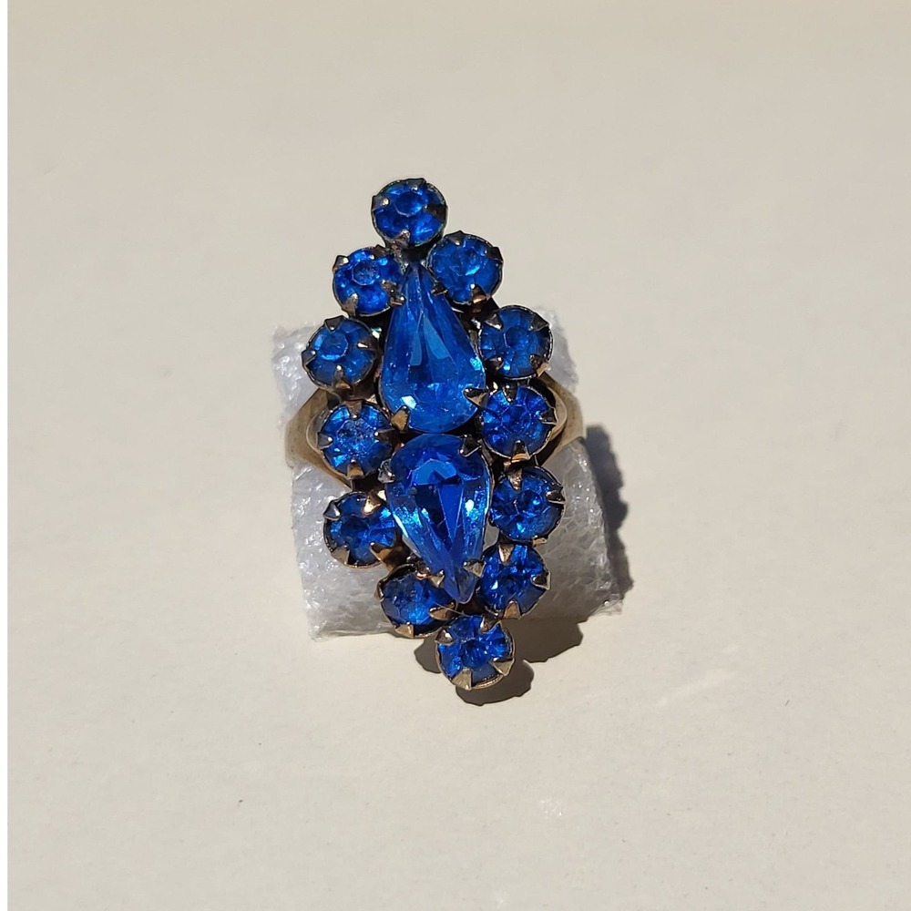 Gold Tone Blue Rhinestone Cluster Ring Size 6-8 Adjustable Vintage Cocktail